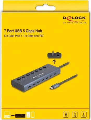 DELOCK USB-C hub 63410 με διακόπτες, 7x θυρών, 5Gbps, 20W, USB-C σύνδεση, μπλε — εικόνα 5
