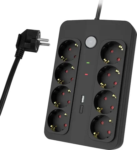 POWERTECH πολύπριζο ασφαλείας PT-1535, 8 θέσεων, με USB & USB-C θύρες, 16A, 1.5m, μαύρο
