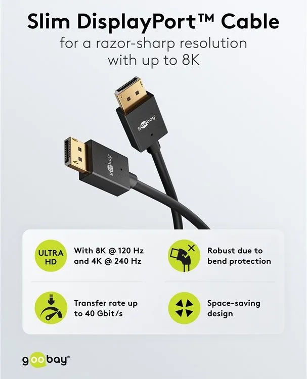 GOOBAY καλώδιο DisplayPort 77443, 8K/120Hz, 40 Gbps, 2m, μαύρο — εικόνα 3