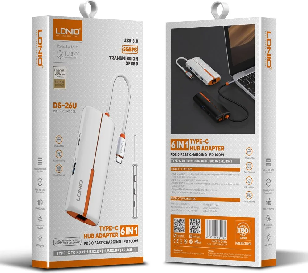 LDNIO USB hub DS-26U με θύρα δικτύου, 6 θυρών, USB-C σύνδεση, 100W PD, λευκό — εικόνα 9