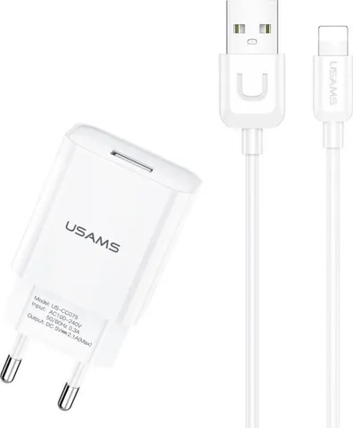 USAMS φορτιστής τοίχου T21OCLN01 με καλώδιο Lightning, USB 2.1A, λευκός