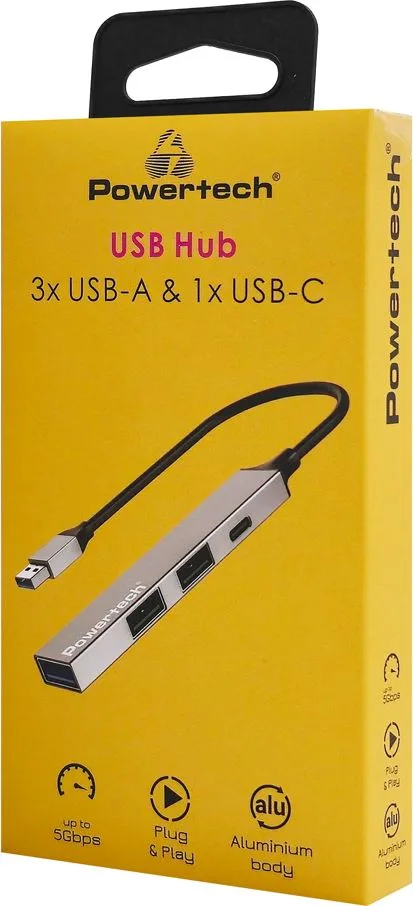 POWERTECH USB hub PT-1413, 4x θυρών, USB 3.2, 5Gbps, USB σύνδεση, γκρι — εικόνα 2
