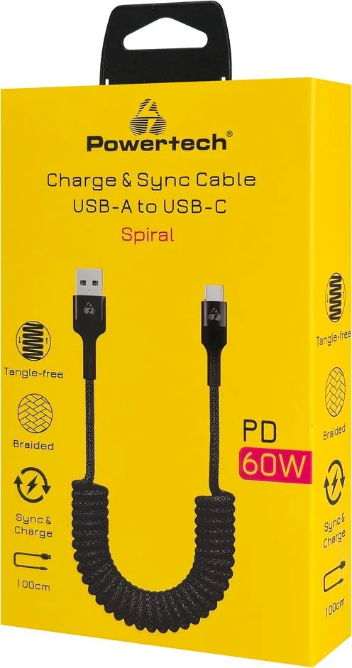 POWERTECH καλώδιο USB-C σε USB PTR-0197 με spiral καλώδιο, PD 60W, 480Mbps, 1m, μαύρο — εικόνα 2