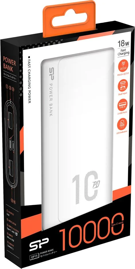 SILICON POWER power bank QP15, 10000mAh, 2x USB & USB Type-C, 3A, λευκό — εικόνα 4