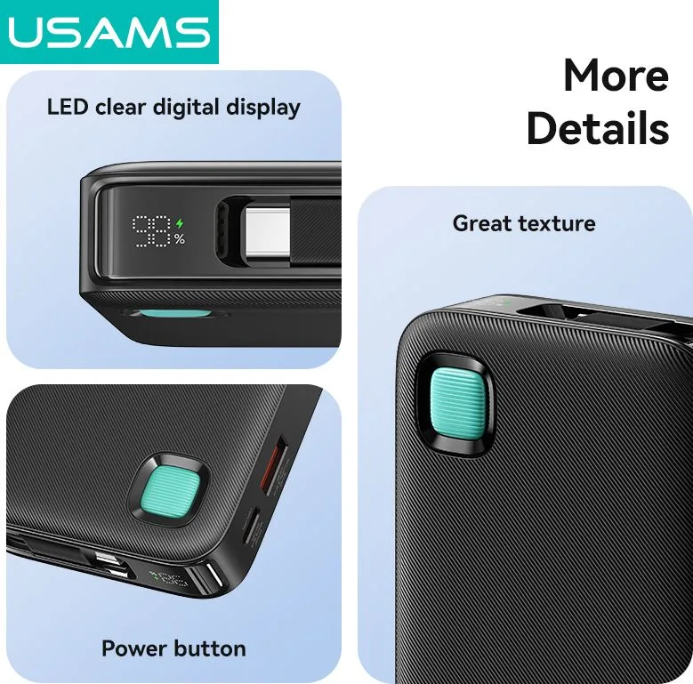 USAMS power bank CD224 με καλώδιο USB-C, 2x θύρες εξόδου, 10000mAh, 20W, μαύρο — εικόνα 5