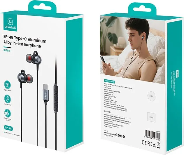 USAMS earphones με μικρόφωνο US-SJ758, USB-C σύνδεση, μεταλλικά, 1.2m, γκρι — εικόνα 6