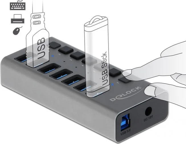 DELOCK USB hub 63669 με διακόπτες, 7x θυρών, 5Gbps, γκρι — εικόνα 2