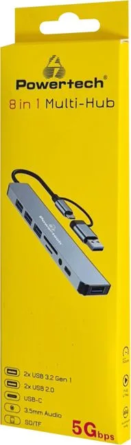 POWERTECH USB hub PTR-0151 με card reader, 8 θυρών, USB & USB-C, γκρι — εικόνα 3