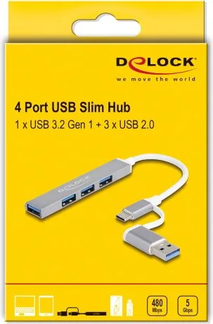 DELOCK USB hub 64214, 4x θυρών, 5Gbps, USB & USB-C σύνδεση, γκρι — εικόνα 4