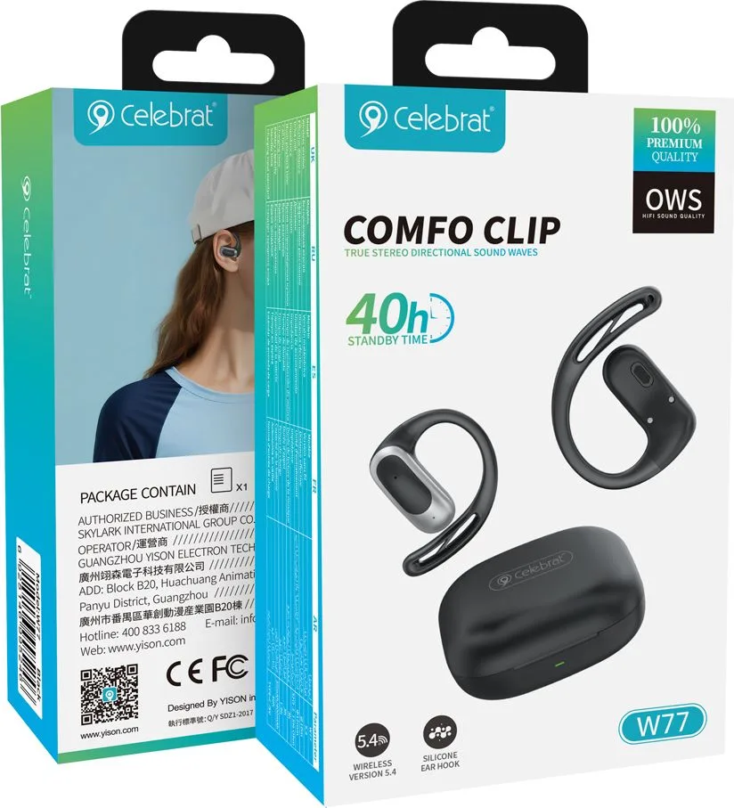 CELEBRAT earphones με θήκη φόρτισης W77, OWS, 12mm, 40/400mAh, μαύρα — εικόνα 6