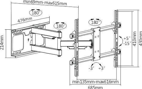 BRATECK επιτοίχια βάση τηλεόρασης LPA49-463D, 37-70", 60kg, heavy duty, full motion — εικόνα 4