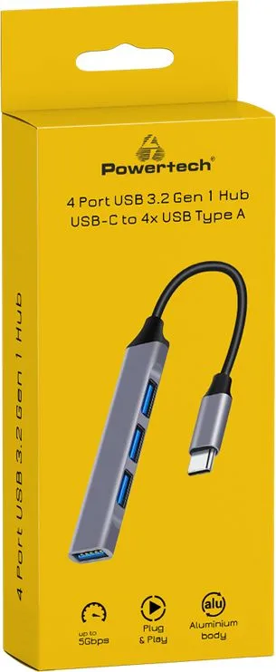 POWERTECH USB hub PT-1113, 4x θυρών, 5Gbps, USB-C σύνδεση, γκρι — εικόνα 2