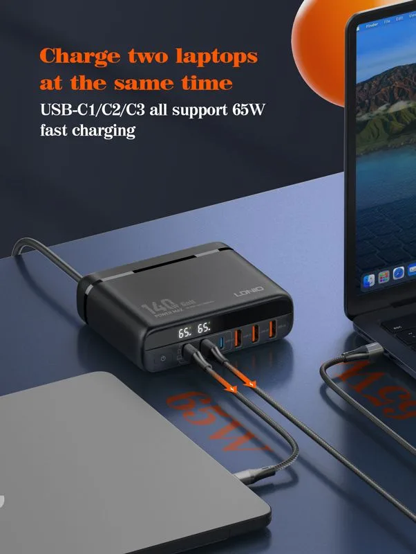 LDNIO σταθμός φόρτισης A6140C, 3x USB-C/3x USB, 140W, PD/QC, GaN, μαύρος — εικόνα 2
