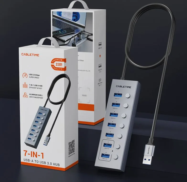 CABLETIME USB hub CT-HUBU7-AG, 7x θυρών, 5Gbps, USB σύνδεση, 1m, γκρι — εικόνα 3