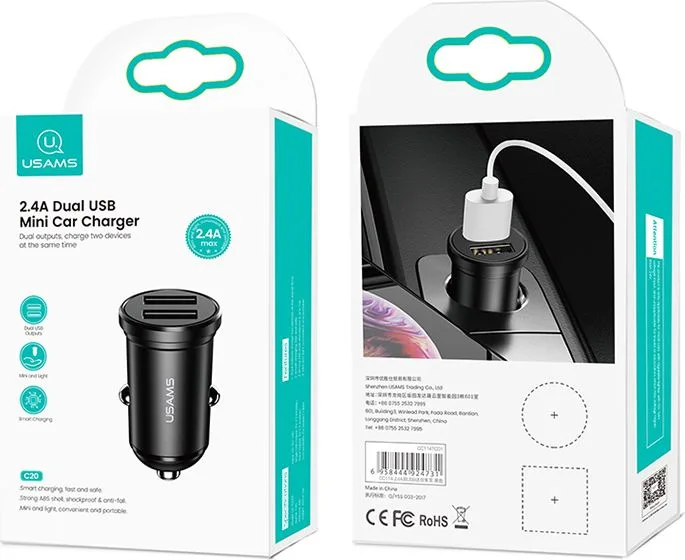 USAMS φορτιστής αυτοκινήτου C20, 2x USB, 2.4A, μαύρος — εικόνα 8