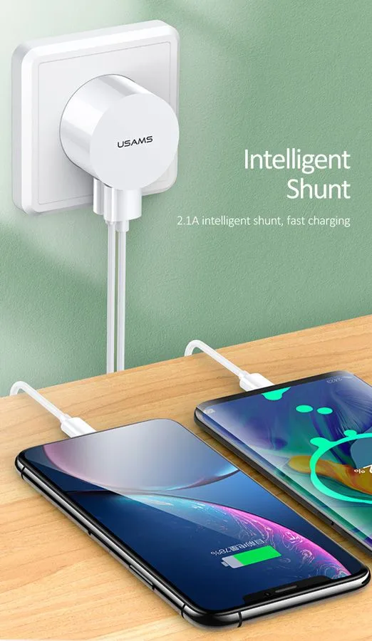 USAMS φορτιστής τοίχου T20 & καλώδιο Lightning, 2x USB, 2.1A, λευκός — εικόνα 2