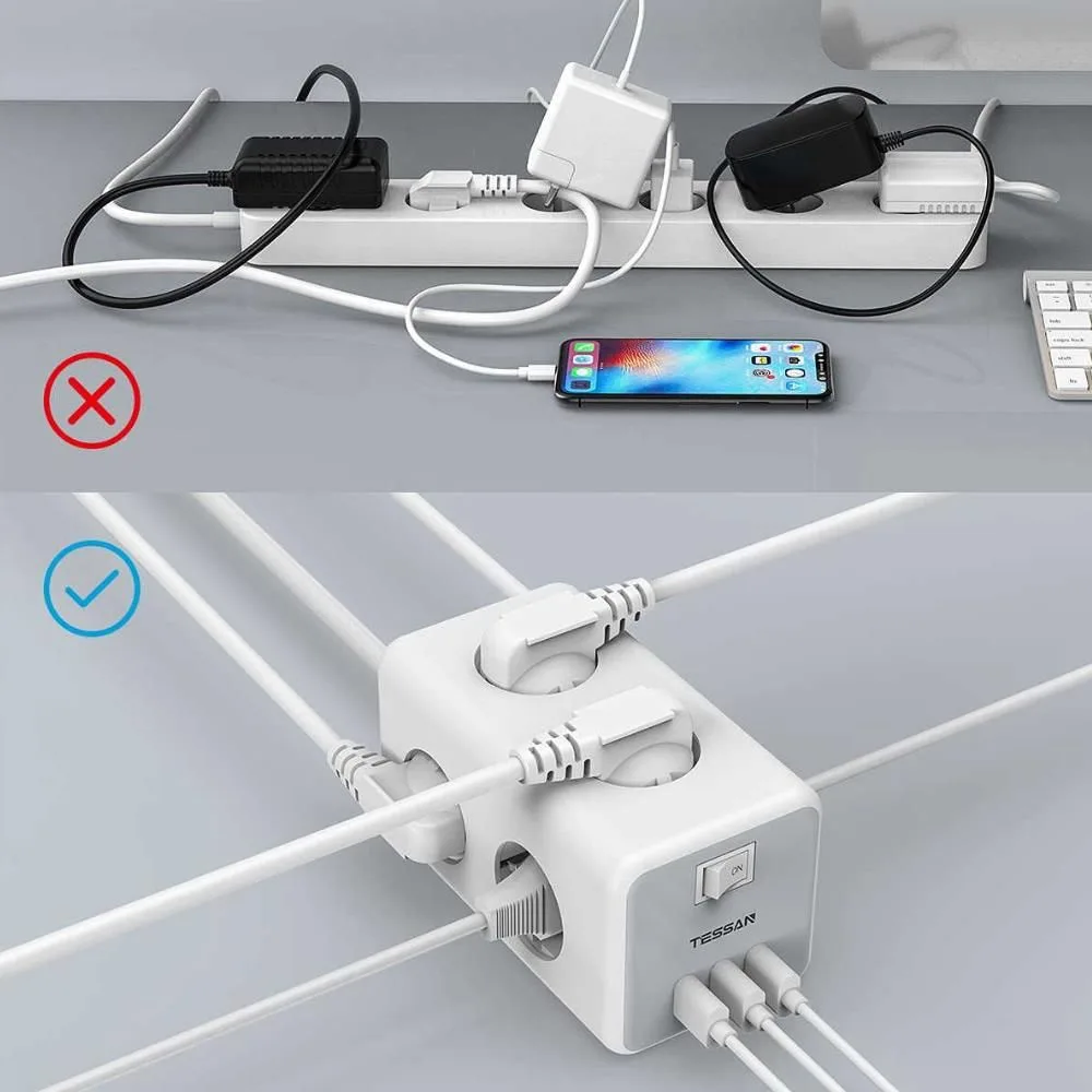 TESSAN TS306 πολύμπριζο 6 ΘΕΣΕΩΝ, 3 USB, Γκρι/λευκο — εικόνα 5