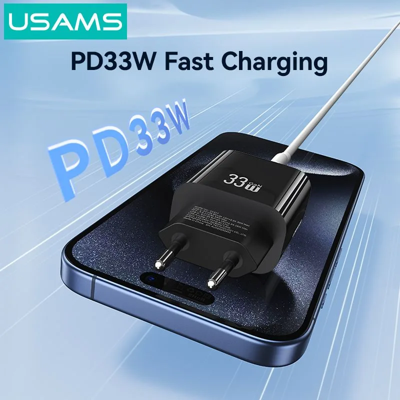 USAMS φορτιστής τοίχου CC317, USB & USB-C, 33W, GaN, μαύρος — εικόνα 2