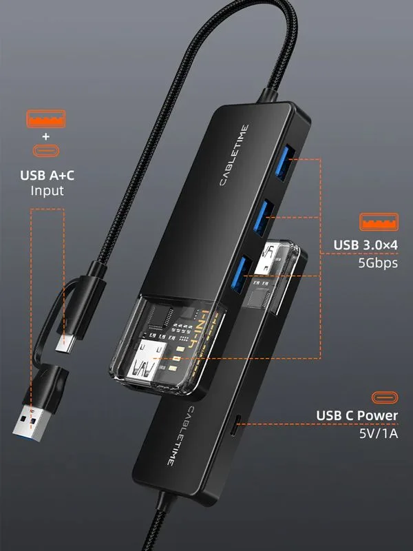 CABLETIME USB hub CT-HUBT3-PB, 4x θυρών, 5Gbps, USB/USB-C σύνδεση, μαύρο — εικόνα 3