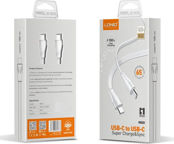 LDNIO καλώδιο USB-C σε USB-C LC131C, 65W PD, 1m, λευκό — εικόνα 6