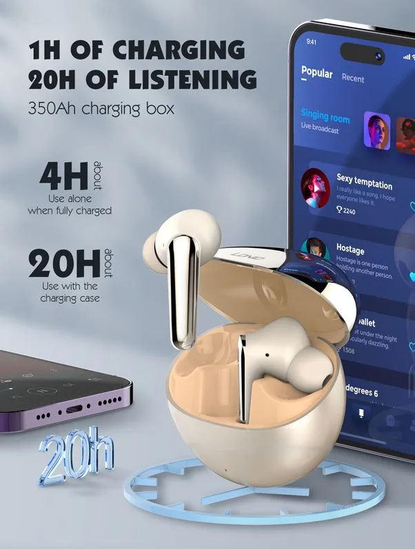 LDNIO earphones με θήκη φόρτισης T01, True Wireless, HiFi, Φ10mm, χρυσά — εικόνα 4