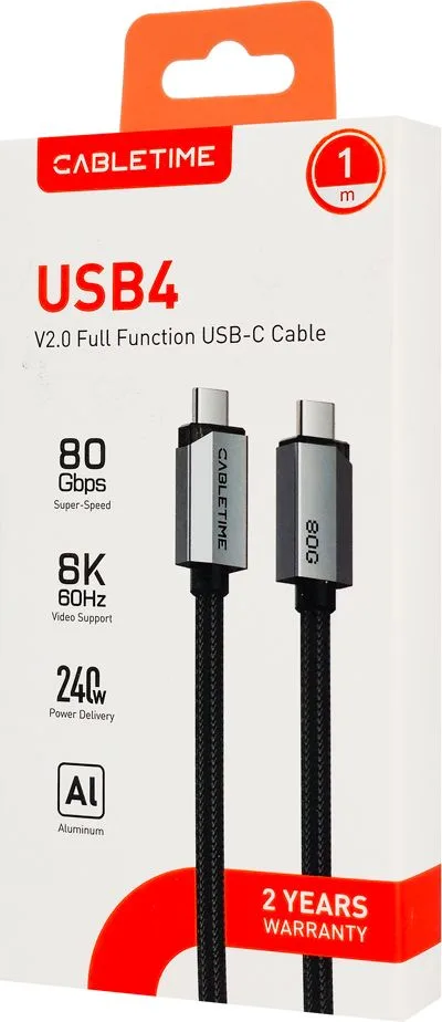 CABLETIME καλώδιο USB-C CT-USB4V2, USB4, 240W, 80Gbps, 8K/60Hz, 1m, μαύρο — εικόνα 7