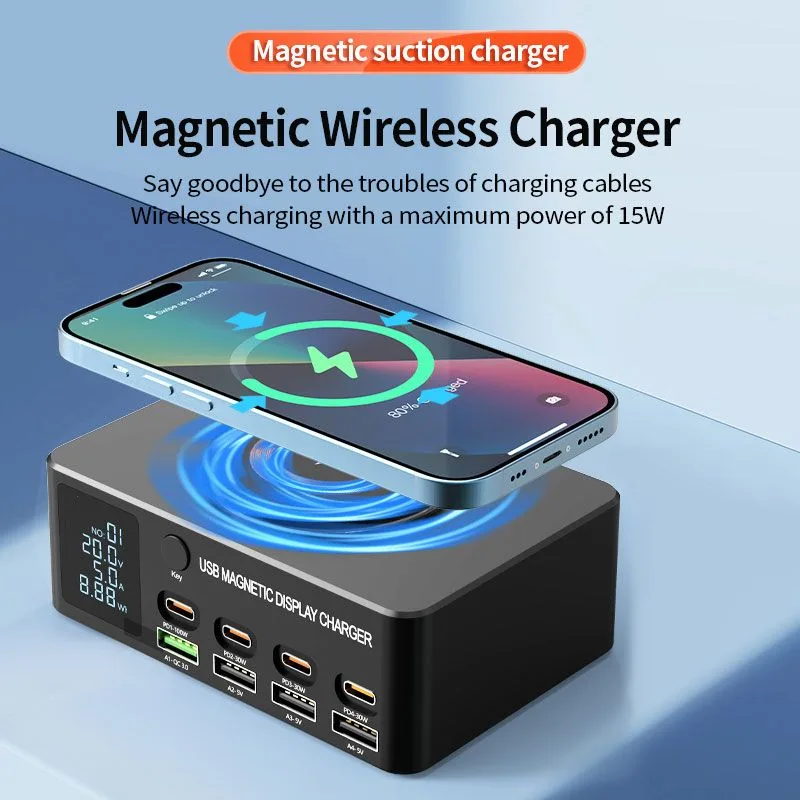 POWERTECH σταθμός φόρτισης PT-1625 με οθόνη, 4x USB/4x USB-C/wireless, 140W, μαύρος — εικόνα 2