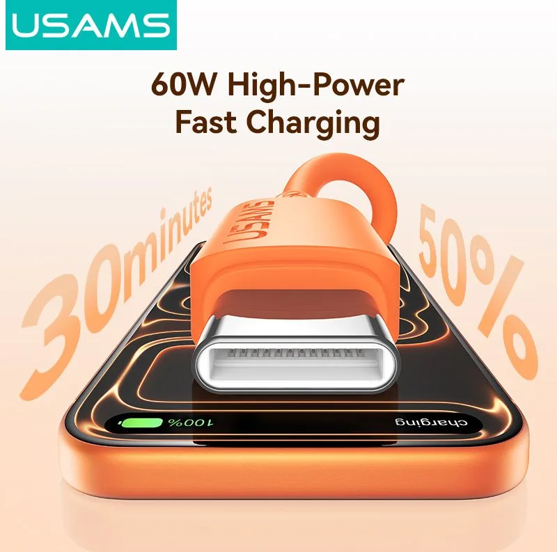 USAMS καλώδιο USB-C SJ787, σιλικόνης, 60W, 480Mbps, 1m, πορτοκαλί — εικόνα 3
