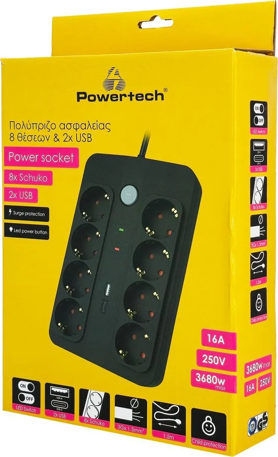 POWERTECH πολύπριζο ασφαλείας PT-1535, 8 θέσεων, με USB & USB-C θύρες, 16A, 1.5m, μαύρο — εικόνα 4