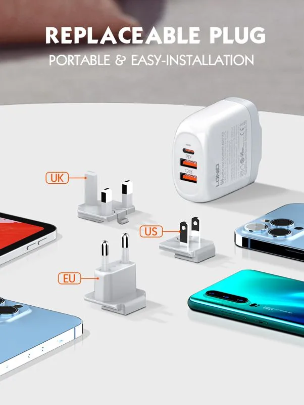 LDNIO φορτιστής τοίχου A3511Q με καλώδιο, USB-C/2x USB, 65W, GaN, λευκός — εικόνα 6