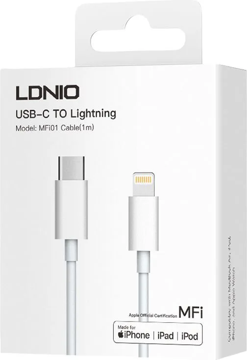 LDNIO καλώδιο Lightning σε USB-C MFi01, MFi, 30W, 480Mbps, 1m, λευκό — εικόνα 5