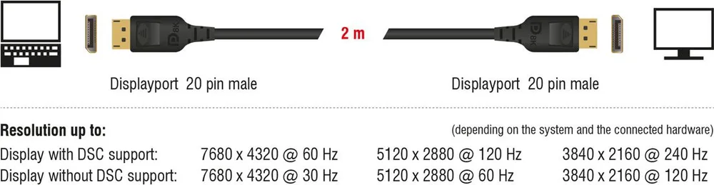 DELOCK καλώδιο DisplayPort 85660, certified, 8K/60Hz, 32.4 Gbps, 2m, μαύρο — εικόνα 2
