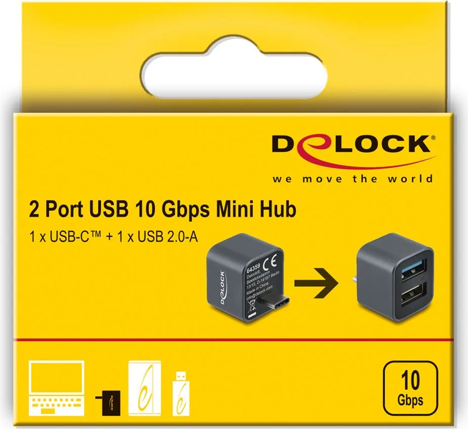 DELOCK mini USB hub 64359, 2x θυρών, USB 3.2, 10Gbps, USB-C σύνδεση, γκρι — εικόνα 4