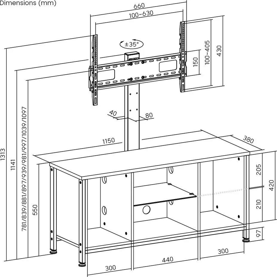BRATECK έπιπλο τηλεόρασης με βάση WP2006ST-BR, 37-75", 115x38x131.3cm, καφέ — εικόνα 4