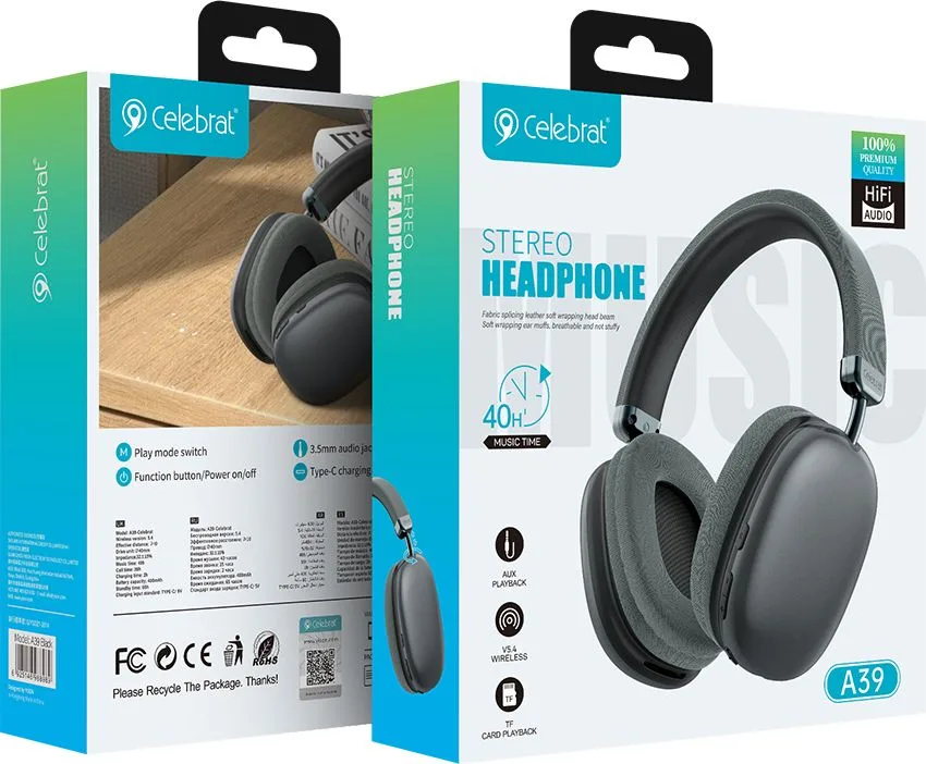 CELEBRAT headphones A39, ασύρματα & ενσύρματα, micro SD, 40mm, 400mAh, μαύρα — εικόνα 4