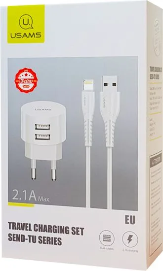 USAMS φορτιστής τοίχου T20 & καλώδιο Lightning, 2x USB, 2.1A, λευκός — εικόνα 5