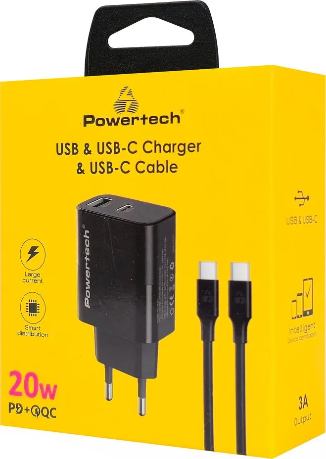 POWERTECH φορτιστής τοίχου PT-1637 με καλώδιο, USB/USB-C, 20W, μαύρος — εικόνα 3