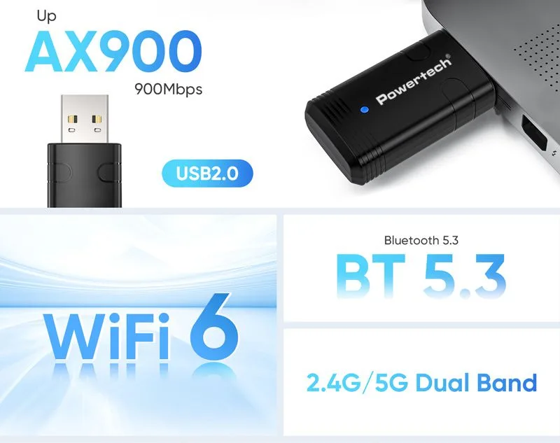 POWERTECH ασύρματος USB αντάπτορας δικτύου & Bluetooth 5.3 PT-1387, 900Mbps WiFi 6 — εικόνα 2