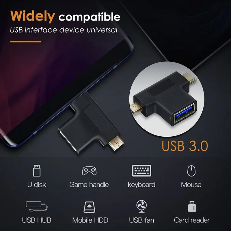 CABLETIME αντάπτορας USB σε USB-C & micro USB CT-3IN1-AB, 5Gbps, μαύρος — εικόνα 3