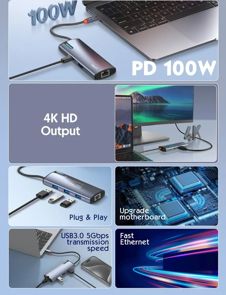LDNIO docking station DS-16H, 6 θυρών, USB-C σύνδεση, 4K, 100W PD, γκρι — εικόνα 7