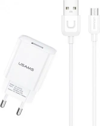 USAMS φορτιστής τοίχου T21OCMC01 με καλώδιο Micro USB, USB 2.1A, λευκός