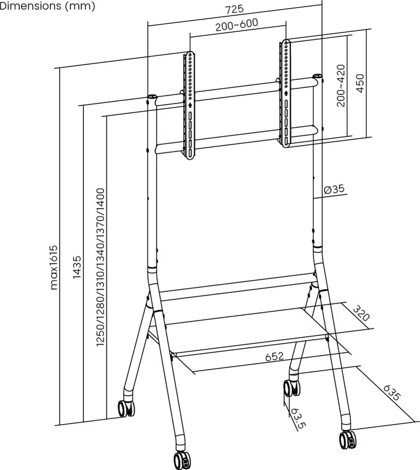BRATECK βάση τηλεόρασης δαπέδου TTF13E-46FW, 37-86", έως 80kg, με ράφι & ροδάκια — εικόνα 4