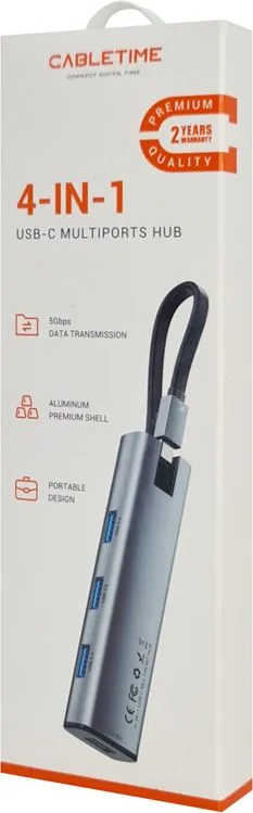 CABLETIME USB hub CT-HUBP4, 4x θυρών, 5Gbps, USB-C σύνδεση, γκρι — εικόνα 6