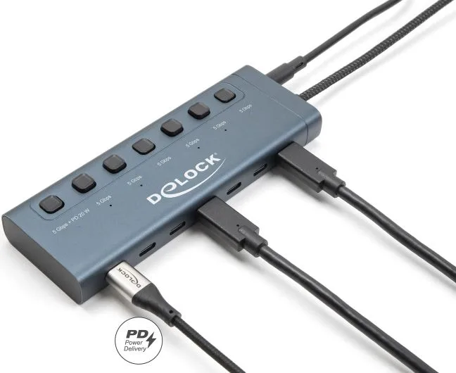 DELOCK USB-C hub 63410 με διακόπτες, 7x θυρών, 5Gbps, 20W, USB-C σύνδεση, μπλε — εικόνα 2