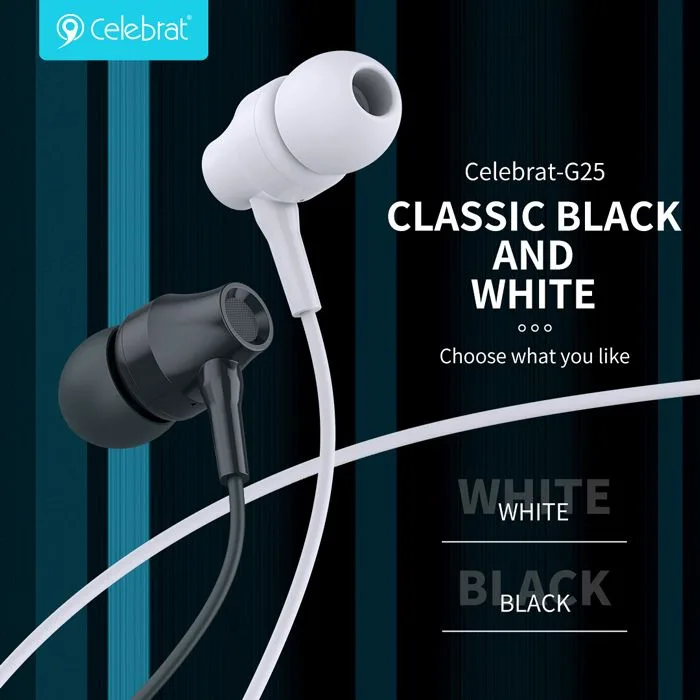 CELEBRAT earphones με μικρόφωνο G25, 3.5mm σύνδεση, Φ10mm, 1.2m, λευκά — εικόνα 2