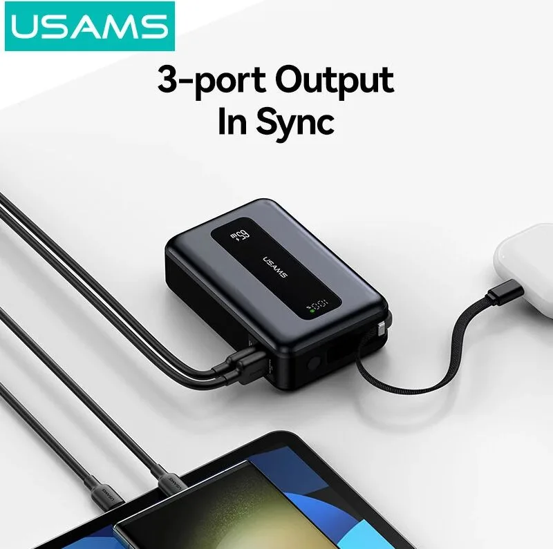 USAMS power bank CD243 με καλώδιο USB-C, 2x θύρες εξόδου, 20000mAh, 65W, γκρι — εικόνα 2