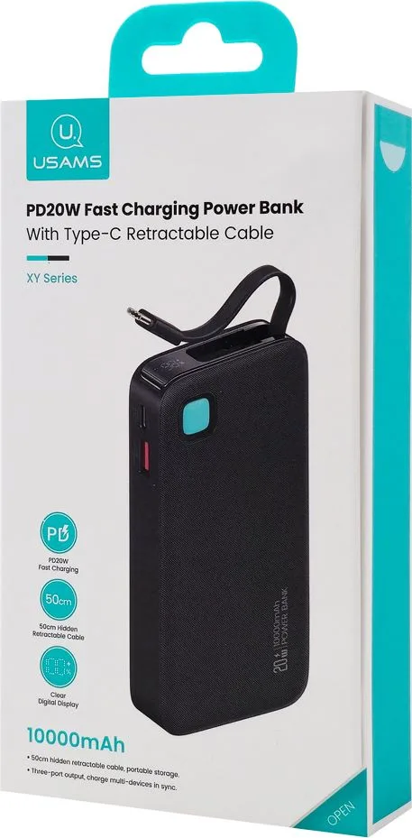 USAMS power bank CD224 με καλώδιο USB-C, 2x θύρες εξόδου, 10000mAh, 20W, μαύρο — εικόνα 6