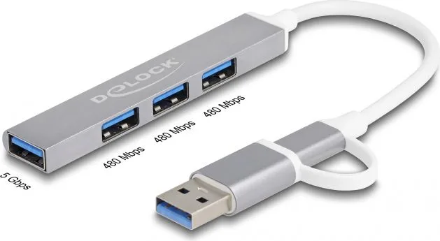 DELOCK USB hub 64214, 4x θυρών, 5Gbps, USB & USB-C σύνδεση, γκρι — εικόνα 3