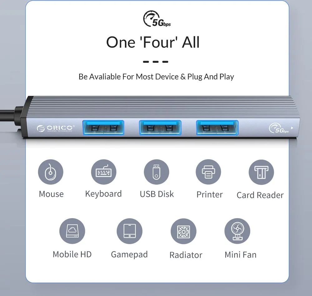 ORICO USB hub AH-13, 4x θυρών, USB 3.0, 5Gbps, USB-C σύνδεση, γκρι — εικόνα 3