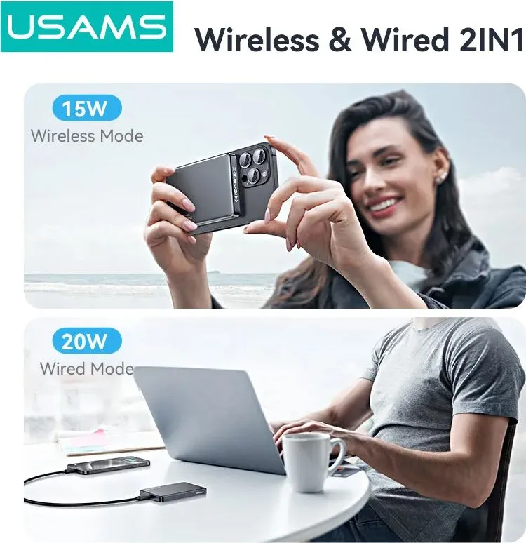 USAMS power bank CD242, magnetic wireless, USB-C έξοδος, 10000mAh, 20W, γκρι — εικόνα 4